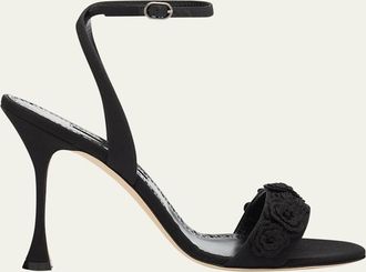 Manolo Blahnik 105mm Raosnu Crochet Flower Ankle-Strap Sandals
