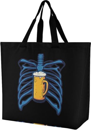 Generic Beer And Bones Large Reusable Shopping Bag Lightweight Foldable Tote Bags Washable Shoulder Handbag