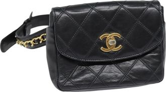 Chanel Waist Belt Bag Quilted Shiny Calfskin Black Leather Bag (Pre-Owned)