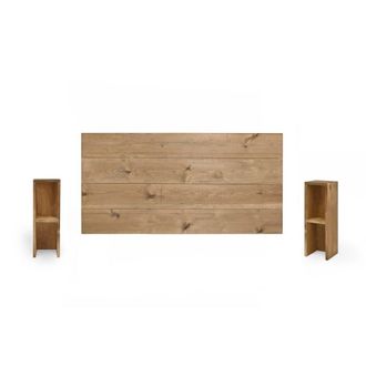 Deco Wood Pack cabecero y mesitas de madera maciza en tono envejecido 140x80cm