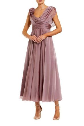 Mac Duggal Chiffon Cowl Neck 3D Flower Midi Dress in Antique Rose at Nordstrom, Size 2