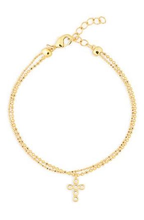 Nordstrom Rack Two Strand Bead Chain Cross Charm Bracelet in Clear- Gold at Nordstrom Rack
