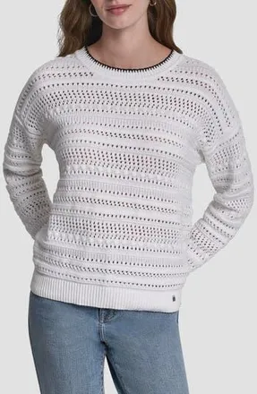 DKNY Cotton Pointelle Sweater in White/Black at Nordstrom Rack, Size X-Large