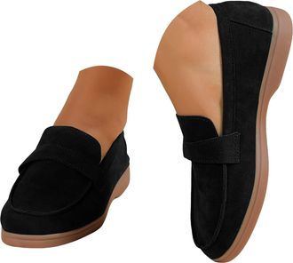 Generic Womens Loafers Casual Flat Bottom Non Slip Round Toe Solid Suede Shoes Comfortable Dressy Slip-Ons Work Driving Womens Shoe (6.5) Black