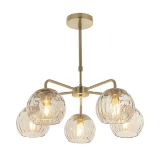 Loops Ceiling Pendant Light - Satin Brass Plate & Champagne Lustre Glass - 5 x 25W E14 in Clear