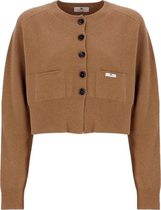Elisabetta Franchi Brown Cropped Lacquered Buttons Wool Cardigan