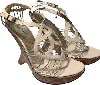 Alberta Ferretti Ivory Corded Leather Curved Wedge Sandals Size 40