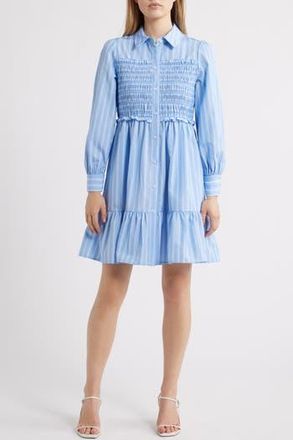 Eliza J Smock Bodice Long Sleeve Shirtdress in Blue at Nordstrom Rack, Size 14