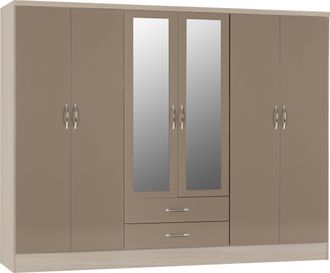 Seconique NEVADA 6 DOOR 2 DRAWER WARDROBE - OYSTER GLOSS/LIGHT OAK EFFECT VENEER - SECONIQUE | TJ Hughes