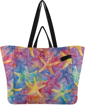 Generic Colorful Starfishes print Reusable Canvas Tote Bag, Heavy Duty Grocery Shopping Bag with Large Capacity Hard Bottom Double Handles Work Groceries Trav