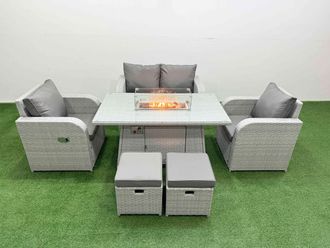 Fimous Light Grey PE Wicker Rattan Garden Furniture Set Sofa Set Reclining Chair Firepit Dining Table 6 Seater 2 Small Stools