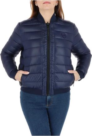 Love Moschino Blauwe Gewatteerde Bomberjack met Print - Dames - Winterjassen - Blauw - XL - Polyester - Jassen