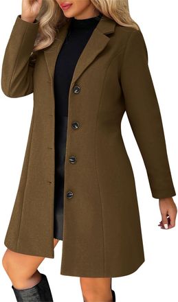 Generic Wool Trench Coats for Women UK Casual Single Breasted Buttons Long Jackets Notched Lapel Winter Warm Overcoats Ladies Elegant Peacoats Mid-Length Thic