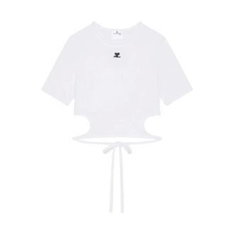 Courr&egrave;ges T-Shirts, female, White, Size: S Ribbon Cut Out Contrast T-Shirt