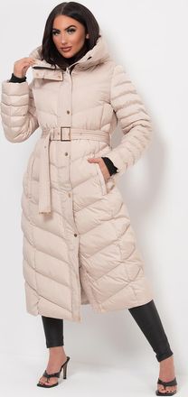 Jess Design Mens Womens Long Puffer Coat with Belt & Hood - Beige - Size X-Large