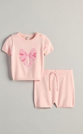 Nordstrom Intarsia Bow Sweater & Shorts Set in Pink Balm Bow at Nordstrom, Size 18M