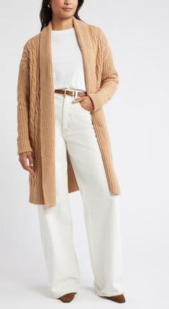 Caslon Cable Longline Open Front Cardigan in Tan Camel Dark Heather at Nordstrom Rack, Size X-Small