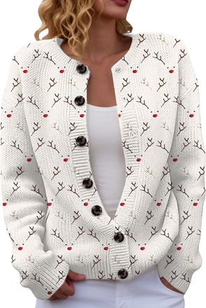 Generic Cardigans for Women UK Christmas Novelty Xmas Reindeer Graphic Knit Sweaters Causal Long Sleeve Jumper Sparkly Xmas Oversize Soft Lounge Cardigans Fes
