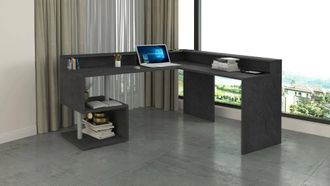 Dmora Escritorio Sansone, Escritorio De Esquina Con Estantes De Almacenamiento, Escritorio De Oficina Multiusos Con Tablero, 180x92,5h160 Cm, Pizarra - Dmor