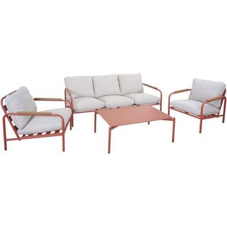 Hhg [NON UTILIZZATO] Set da giardino in alluminio HHG-594, salottino divano 3 posti poltrone tavolino, Olefin (205 g/m&sup2;), terracotta beige