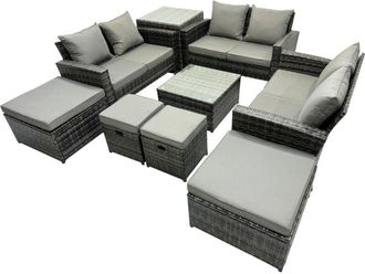 Fimous Pe Rattan Garden Furniture Set Lounge Double Seat Sofa Coffee Table Set with Side Table 4 Stools Dark Grey Mixed - Fimous