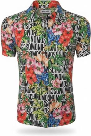 Moschino Overhemden, Dames, Veelkleurig, L, Katoen, Camicia Fantasia Floreale con Lettering Allover