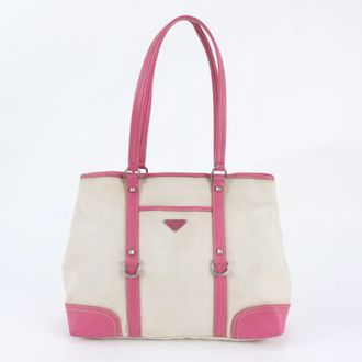Prada Pink White Leather Canvas Shoulder Bag Tote Bag (Pre-Owned)