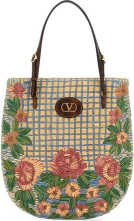 Valentino Garavani Embroidered Raffia Vlogo Signature Shoulder Bag