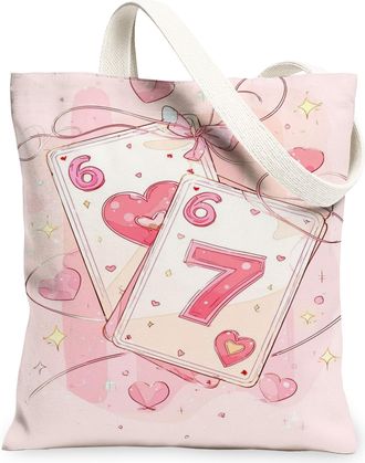 Generic ValentineS Day Heart Pattern Canvas Tote Bags, Cute Love Design Lightweight Washable Reusable Grocery Bags for Shopping Tr, Peach, 13x15 Inch