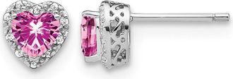 Diamond2Deal 14k White Gold 1/10 Ct Lab Grown Diamond and Heart Lab Created Pink Sapphire Stud Earrings