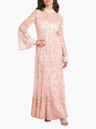 Needle & Thread Sylvia Rose Long Sleeve Ankle Gown in Peony Pink/bright at Nordstrom, Size 14