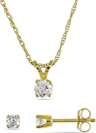 Amour 3/8 CT TW Diamond Solitaire Pendant with Chain and Stud Earrings 2-piece Set In 14K Yellow Gold