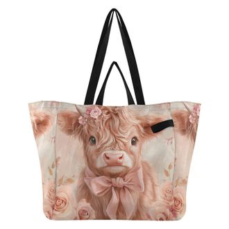 Generic Rose Cow Pink pattern Reusable Canvas Tote Bag, Heavy Duty Grocery Shopping Bag with Hard Bottom Large Capacity Double Handles Work Groceries Travel