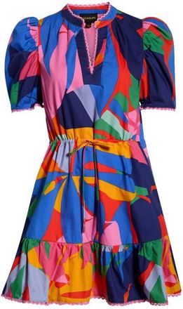 Sugarlips Chroma Lace Trim Puff Sleeve Drawstring Waist Cotton Dress in Red-Blue-Multi at Nordstrom, Size X-Large