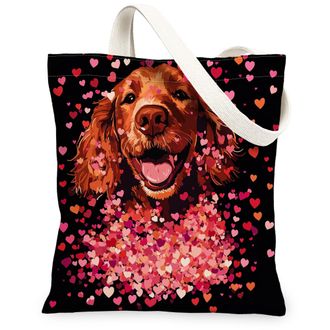 Generic Valentines Day Irish Setter Dog Canvas Tote Bag for Shopping 13x15, Fun Heart Puppy Reusable Grocery Print Pattern Bag for Women, Lover Pet Beach Aest