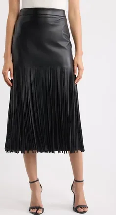Elie Tahari Kaia Fringe Faux Leather Skirt in Noir at Nordstrom, Size 16