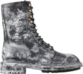 Dolce & Gabbana Chique Zwarte Veterschoenen Grijs-Wit - Heren - Veterlaarzen - Grijs - 39 1/2 EU - Leer - Schoenen