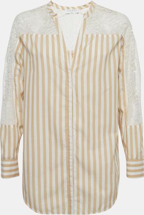 Sandro Beige & White Striped Cotton & Lace Shirt