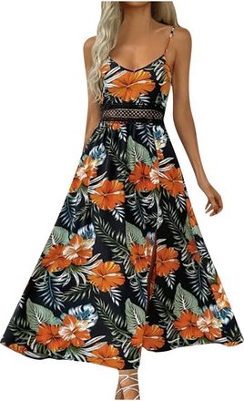 Generic Black Boho Slit Lounge Dress for Women Fall Summer Sleeveless Slip V Neck Lace Spandex Graphic Maxi Long Loose Fit Dress Ladies 2025 Soft Comfy Clothi