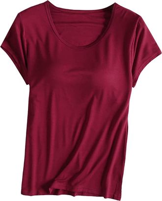 Generic Womens T-Shirts Pajama with Built in Shelf Bra Short Sleeve Model Solid Casual Padded Bra Yoga Tank Top Tee