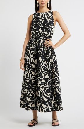 Nordstrom Smocked Waist Linen Blend Dress in Beige- Black Fira Bloom at Nordstrom, Size Xx-Small