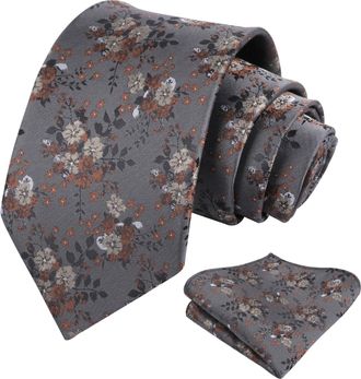 Alizeal Mens Floral Patterned Necktie with Pocket Square for Formal Business Wedding Tie Set, Dark Gray+Brown