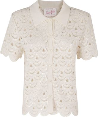 MC2 Saint Barth Ivory Monet Crochet Striped Cotton Polo Shirt