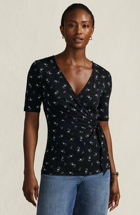 Lands End Elbow Sleeve Lightweight Jersey Side Tie Blouse in Black/cobalt Tiny Floral at Nordstrom, Size X-Small
