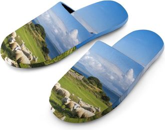 Generic Sheep And Castle Flannel Mens Slip-on Slippers Winter Warm House Shoes with Rubber Sole for Home Hotel