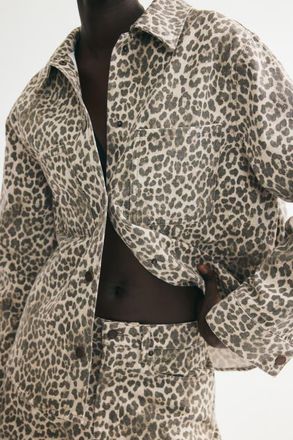 H&M Cotton Denim Overshirt in Light Beige/leopard Print at Nordstrom, Size X-Small