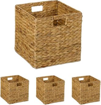 Relaxdays Relaxdays - Storage Basket, Set of 4, Water Hyacinth, Cube Shelf Box, 30x30x30 cm, Organiser for Clothes & Toys, Natural