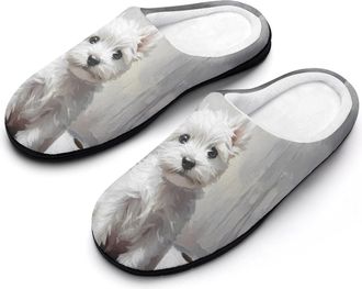 Generic White Terrier Puppy Sitting on The Bathroom Mens Slippers Slip On Comfortable Fleece Cotton House Shoes Winter