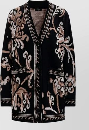 Etro wool floral-jacquard oversized longline v-neck cardigan