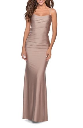 La Femme Long Ruched Jersey Dress with Thin Straps in Nude at Nordstrom, Size 8